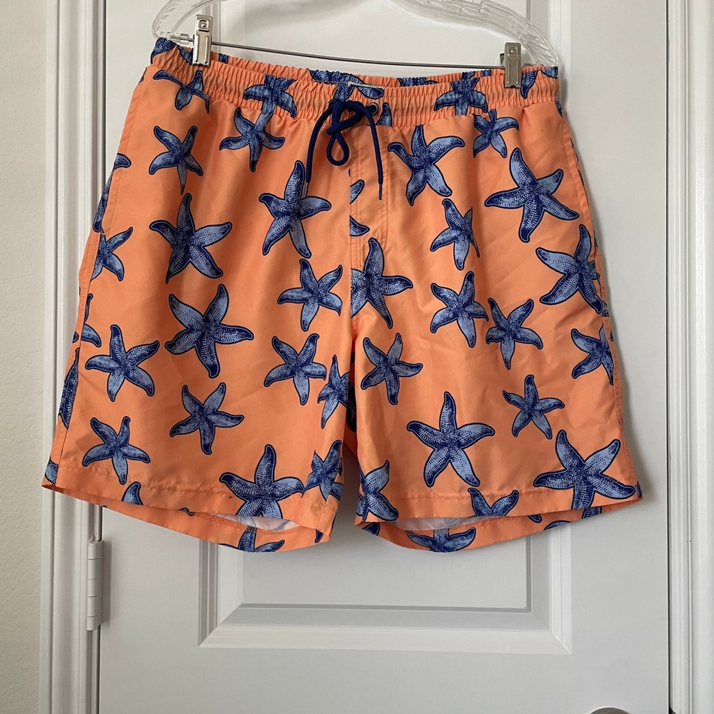 Club Room Mens Swim Trunks Large Orange Blue Starfish Beach Shorts Summer Cruise